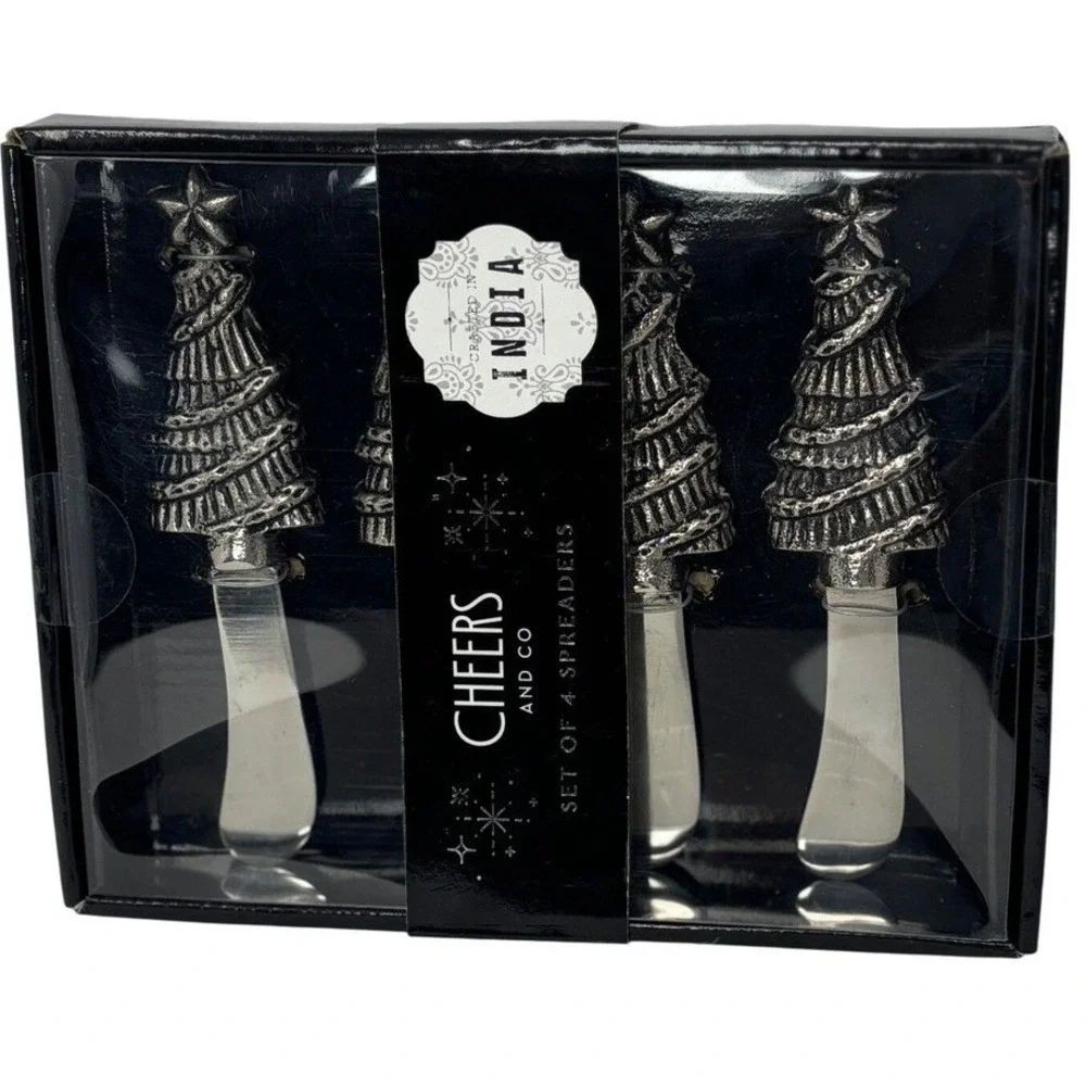Cheers and Co Christmas Tree Cheese Spreaders Set of 4 Silver Tone Holiday New